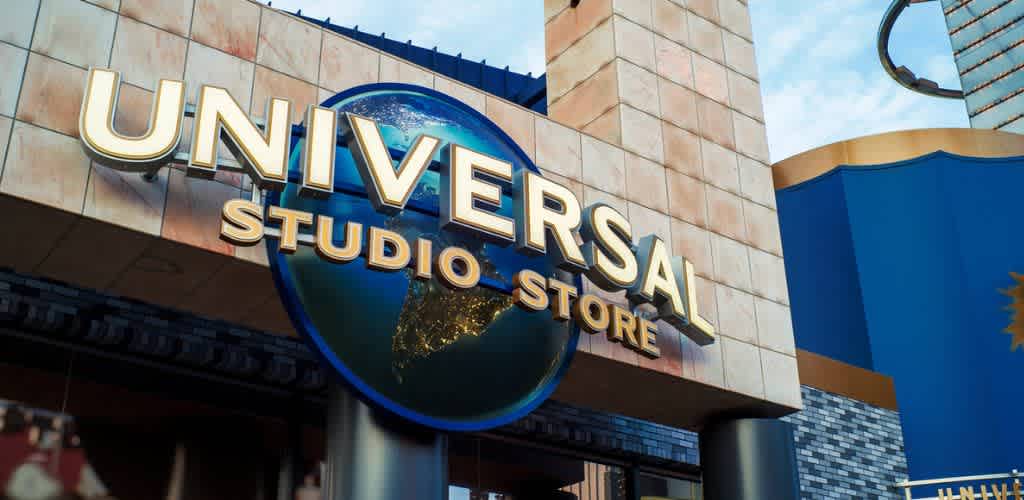 Universal Studio Store sign with a globe logo above the entrance outside a building in a city.