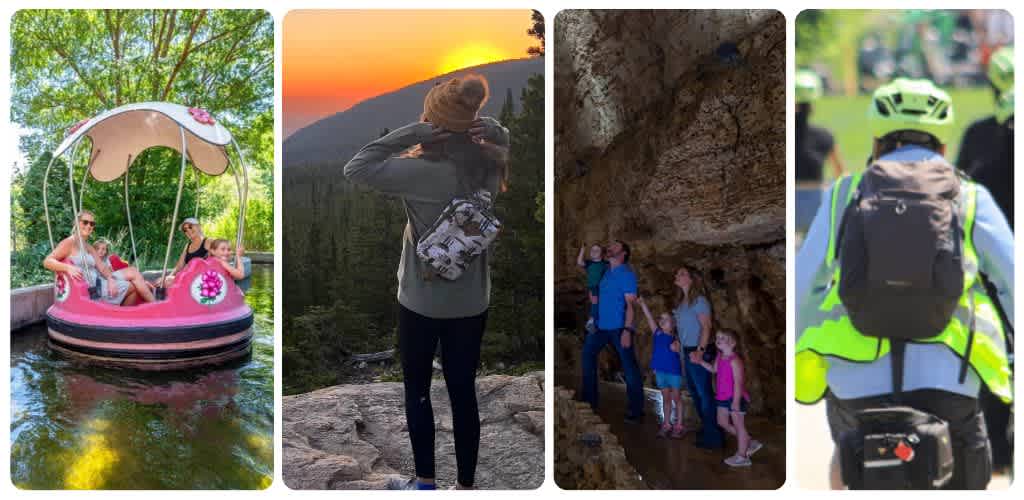 People enjoying outdoor activities including riding a pink boat, hiking in a forest at sunset, exploring a cave, and cycling with a backpack.