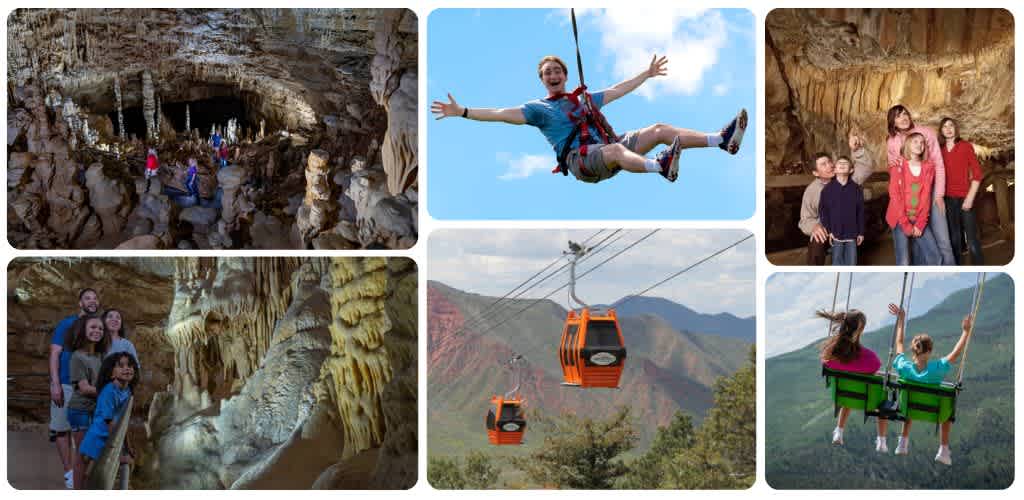 People exploring a cave, riding a zipline, and enjoying swings outdoors in scenic mountain areas.