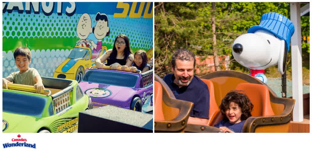 Two groups of people enjoying amusement park rides, with colorful cartoon characters in the background and smiling faces on the rides.
