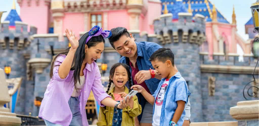A smiling family of four enjoying a joyful moment together at a Disney castle attraction.