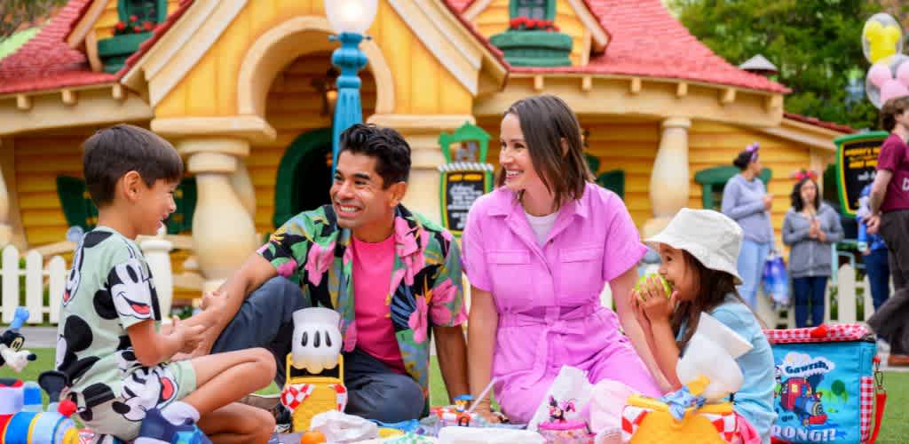 A family enjoying a sunny day at a colorful amusement park with a whimsical building in the background.