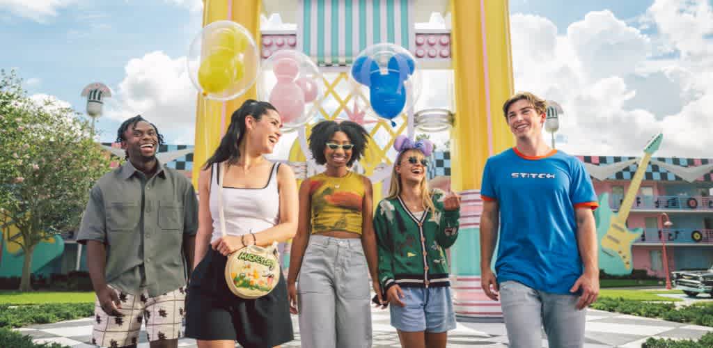 Group of five diverse young people smiling and walking outside at a colorful amusement park on a sunny day