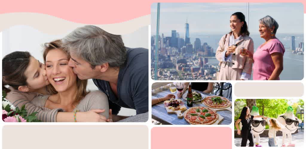 A happy family enjoying time together with loved ones, eating pizza, and exploring an outdoor cityscape with fun activities in a park.