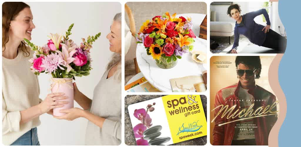 A collage of images showing women exchanging flowers, colorful flower arrangements, a spa and wellness gift card, and a woman in sunglasses smiling outside.