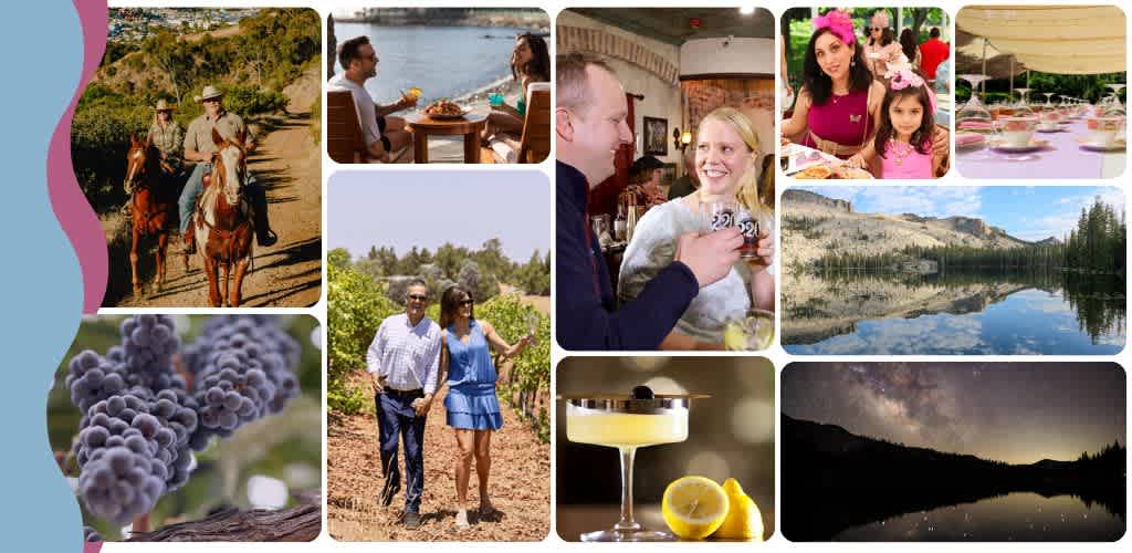 Collage of people enjoying outdoor activities, dining, wine tasting, and nature scenes including lakes, mountains, and vineyards.