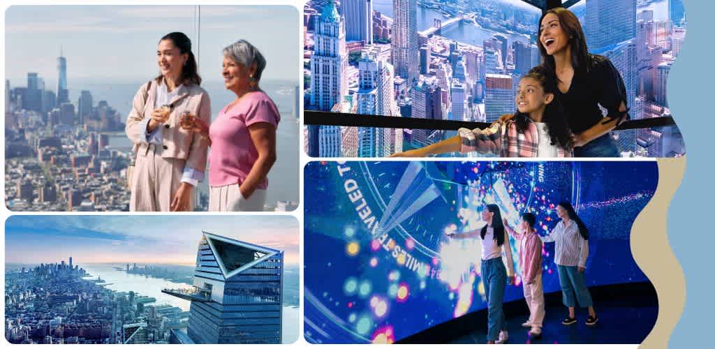 Two women and a girl enjoy a city view and indoor attractions in a high-rise building with a digital display and skyline scenery.