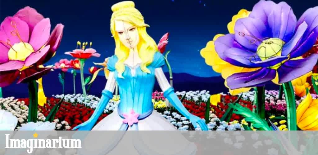 Colorful illuminated fairy princess figure surrounded by vibrant, large artificial flowers in a garden scene at night