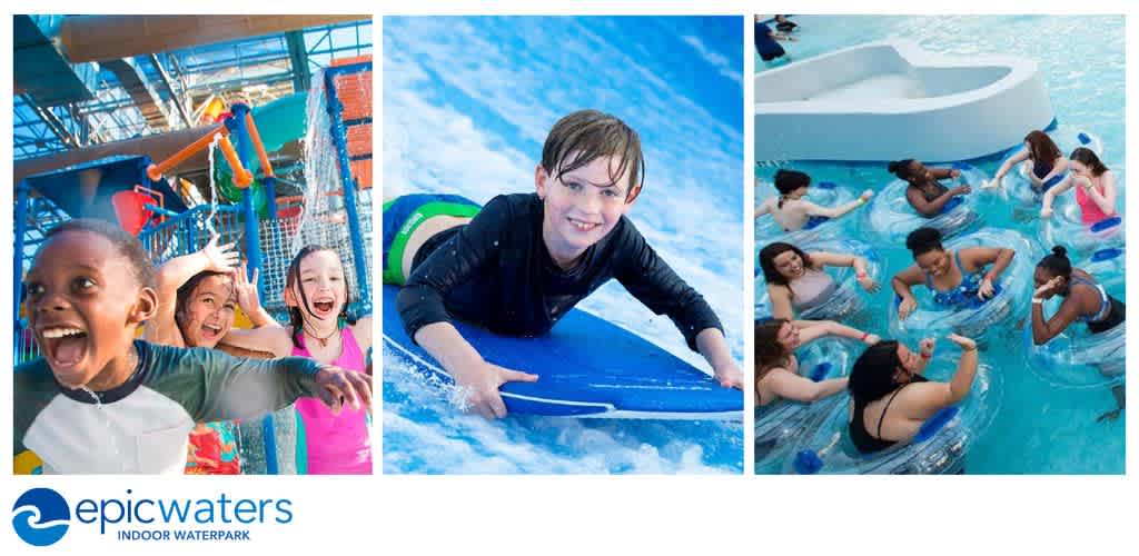 Group of children enjoying outdoor water park activities including slides and pool during daytime.