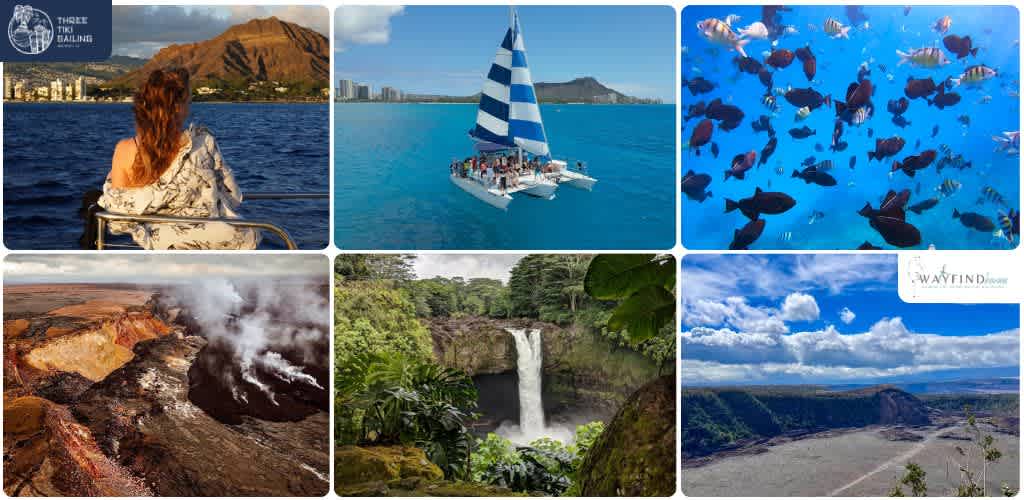 Collection of images showing a woman on boat, sailboat on ocean, colorful fish underwater, volcanic eruption, waterfall in lush forest, and a canyon with cloudy sky