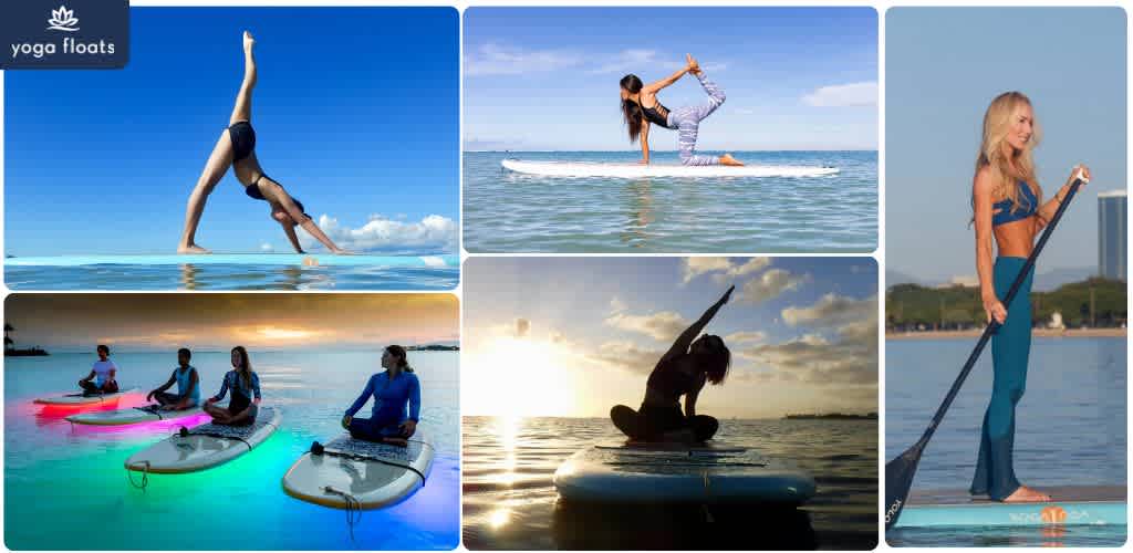 People practicing yoga poses on and around water at a beach or lake during daylight and sunset.