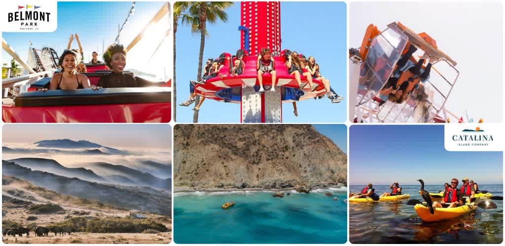 Collage of outdoor experiences including amusement park rides, a mountain landscape, and kayaking on the ocean