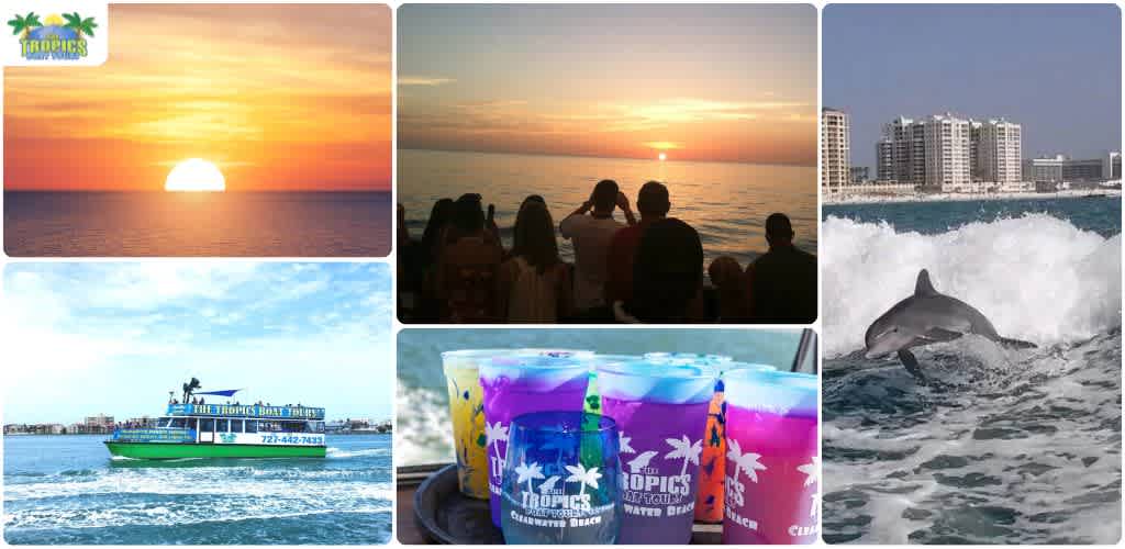 Group of people watching a sunset over the ocean, a dolphin jumping out of the water, a boat on the water, colorful drinks with tropical logos, and a city skyline.