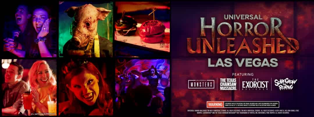 Collage of people enjoying a horror themed event with neon lights, a puppet, a creepy puppet show, and promotional text for Universal Horror Unleashed Las Vegas.