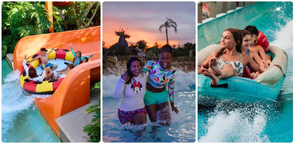Children enjoying water rides and swimming at a water park with slides and a wave pool during sunset day.