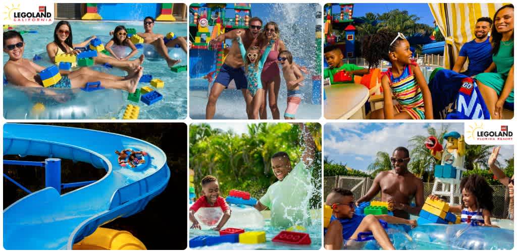 Happy diverse group enjoying LEGOLAND Florida water park on a sunny day with slides, water play areas, and family fun activities.