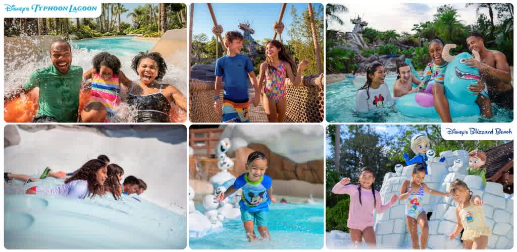 Children and adults enjoying water rides, splash areas, and character-themed playgrounds at a Disney-themed water park.