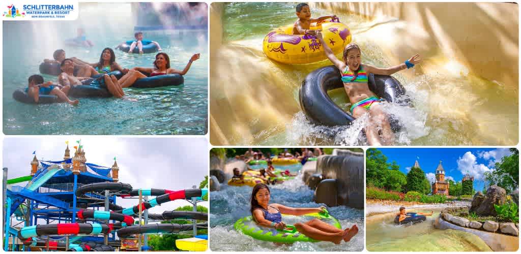 Children and adults enjoying water rides and slides at a water park with colorful attractions and lush surroundings