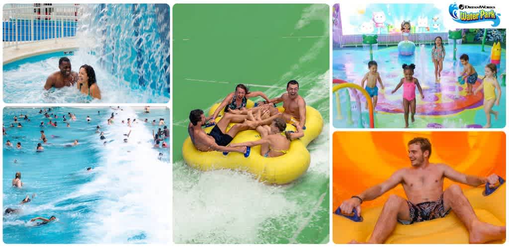 People enjoying water park attractions including swimming pools, a water slide, and a lazy river with family and friends.