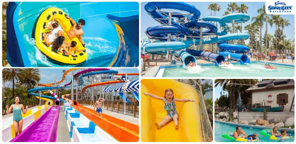 Children enjoying water slides and pools at Knott's Soak City Water Park on a sunny day