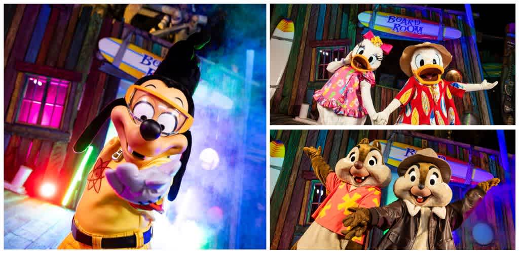 Group of people in colorful Disney costumes posing inside a themed colorful room with wooden walls and neon lighting.