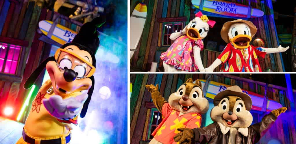 Costumed Disney characters including Mickey Mouse, Minnie Mouse, Chip and Dale pose on a colorful set at a themed event.