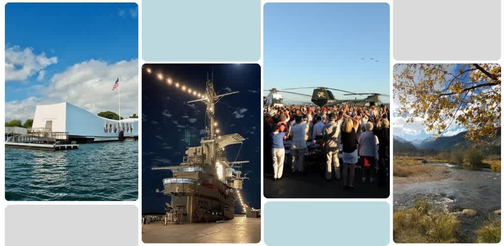 Collage of images featuring a waterfront building, a battleship at night, a helicopter gathering crowd, and a mountain landscape with trees