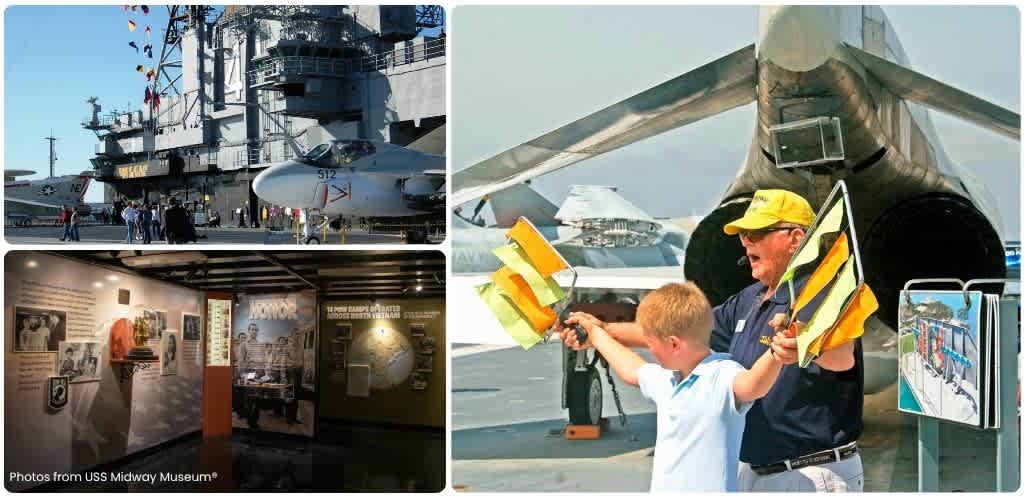 Three images of navy ships and a museum exhibit with children exploring an aircraft and a museum exhibit about USS Midway.