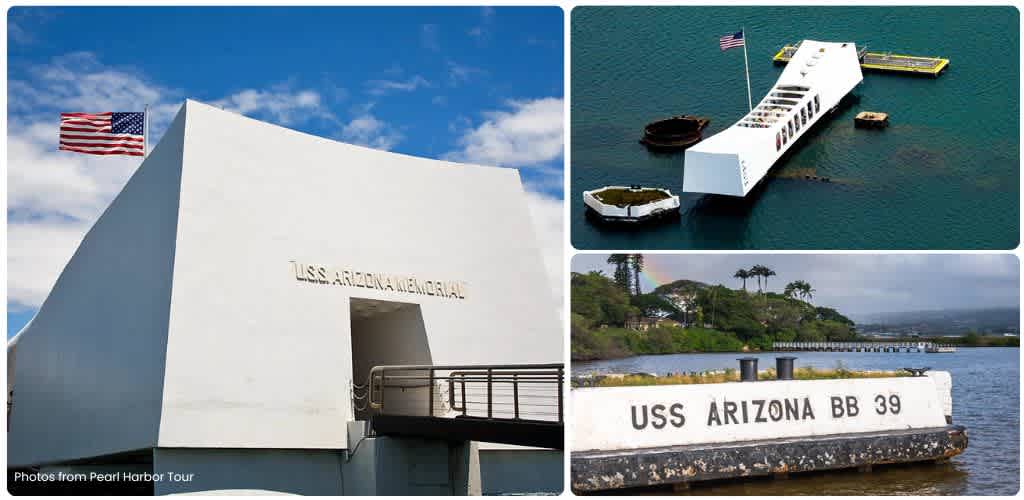 White memorial building with American flag, aerial view of a boat and harbor, and a moored boat with USS Arizona BB 39 signs in a maritime setting