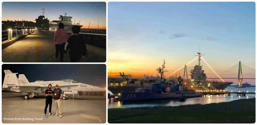 Three images featuring a marina at sunset with ships and people walking on the dock.