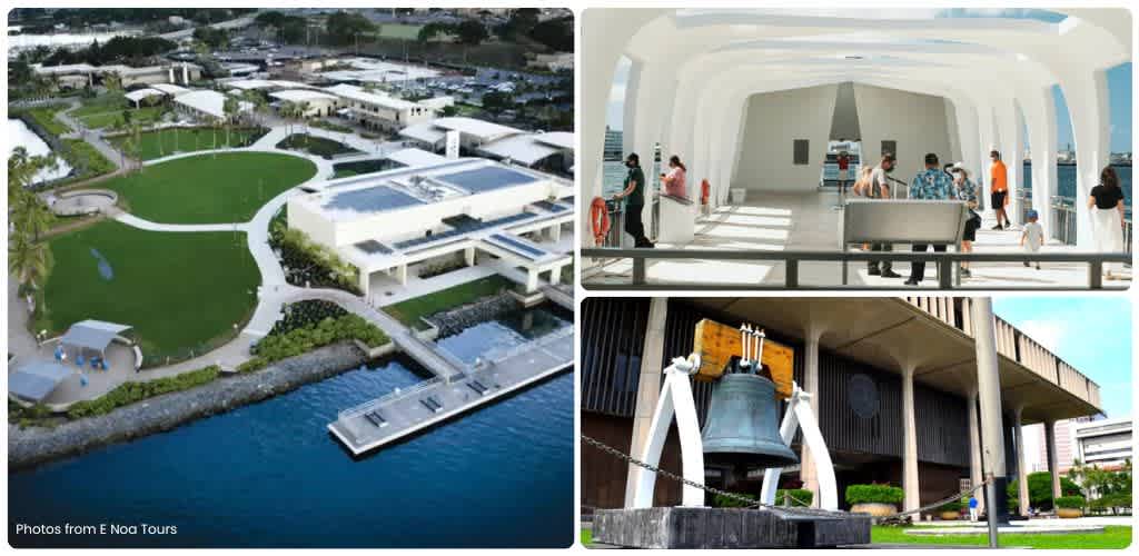 Aerial view of a waterfront resort with pathways, modern architecture, and green spaces; an observation deck with visitors inside; and a large outdoor bell sculpture with surrounding buildings.