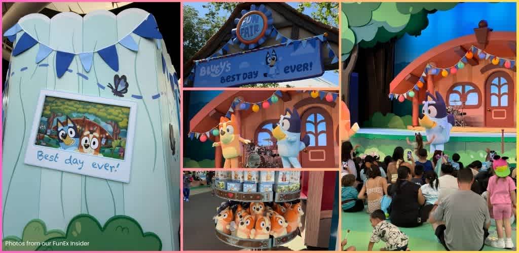 Colorful outdoor amusement area with animated character displays, a stage performance, and children enjoying the fun activities.