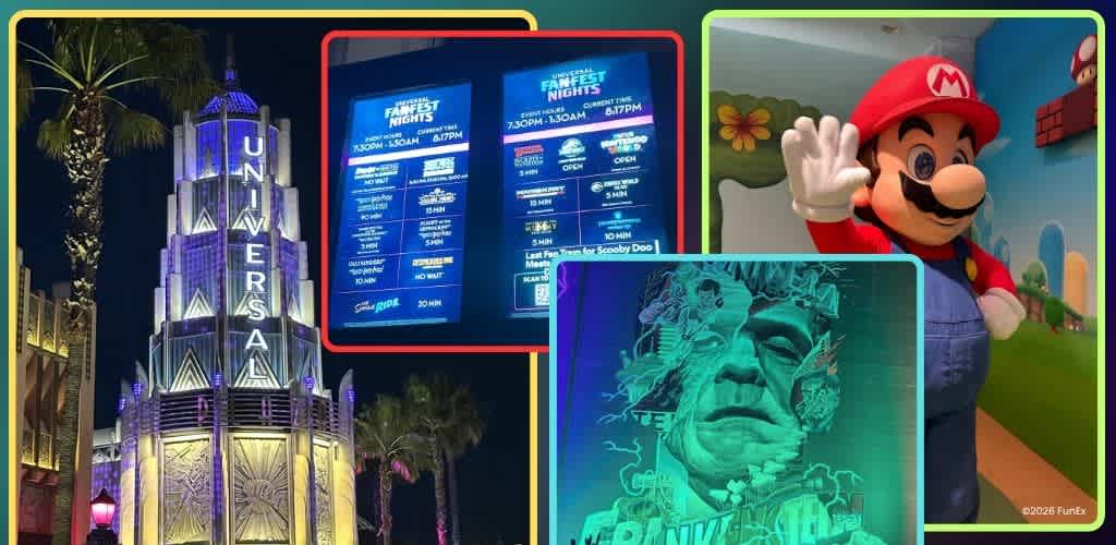 A colorful collage featuring a tall, illuminated universal theme park sign, a digital schedule for nighttime shows, a life-sized Mario mascot figure, and a neon green portrait of Frankenstein.