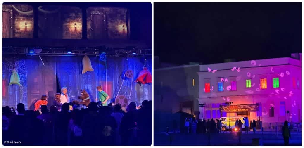 A split image features a stage with performers and a colorful building illuminated at night with vibrant lights and projections.