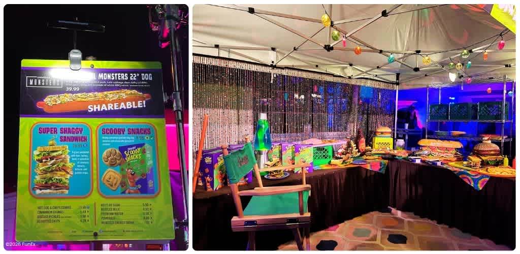 Colorful outdoor taco buffet setup with a large menu board and a variety of food options under a decorated tent for a festive celebration
