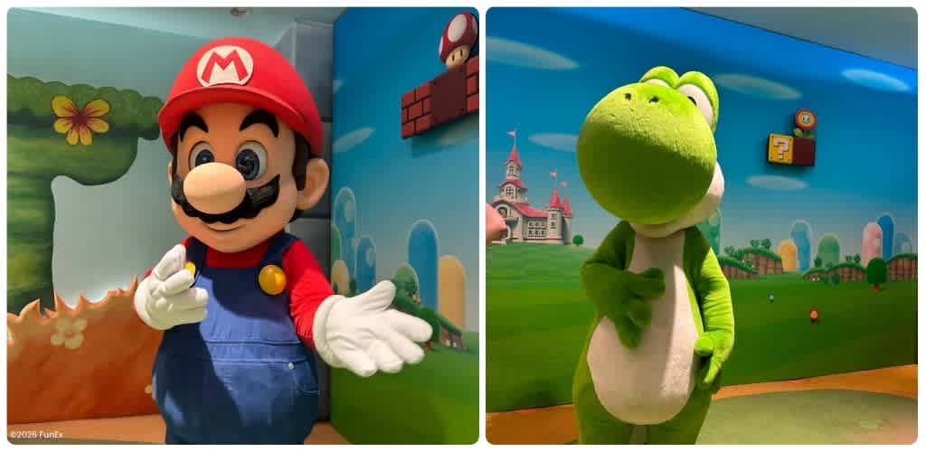 Costumed characters of Mario and Yoshi from Super Mario in a colorful indoor amusement setting with playful background scenery.
