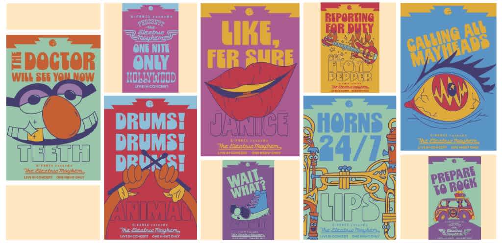 Colorful vintage concert posters featuring playful illustrations and bold typography promote various music events and performances.