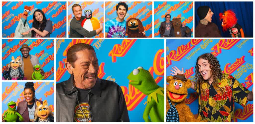 Group of people in colorful costumes and puppets posing together at a roller coaster themed event against a blue background with roller coaster branding.