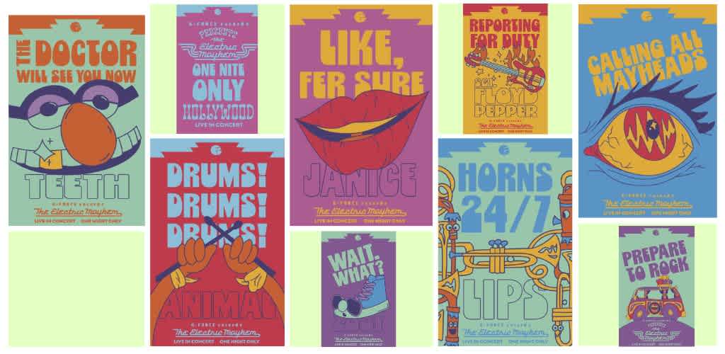 Colorful illustrated posters featuring music and concert themes with playful text and bold graphics for various live event promotions.