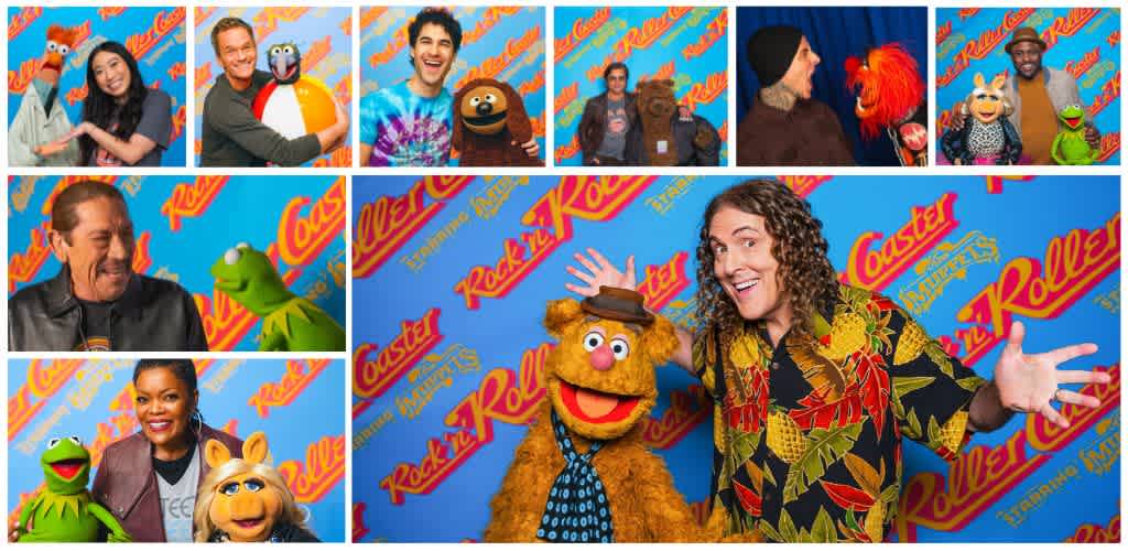 People smiling and posing with Muppets and characters against a colorful backdrop with Rocky and Bullwinkle references.