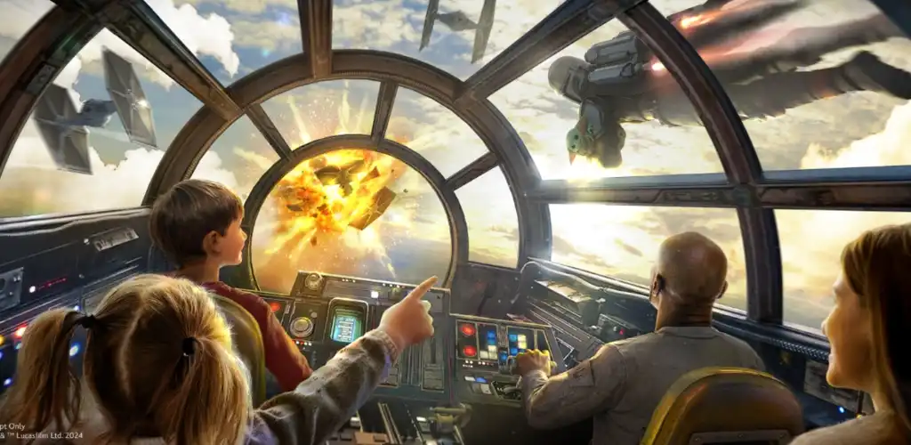 A spaceship cockpit cockpit with four people looking at an explosion outside the window during space flight.
