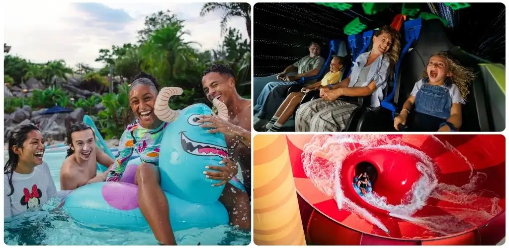 Group of people enjoying water activities and amusement park rides at Funex.