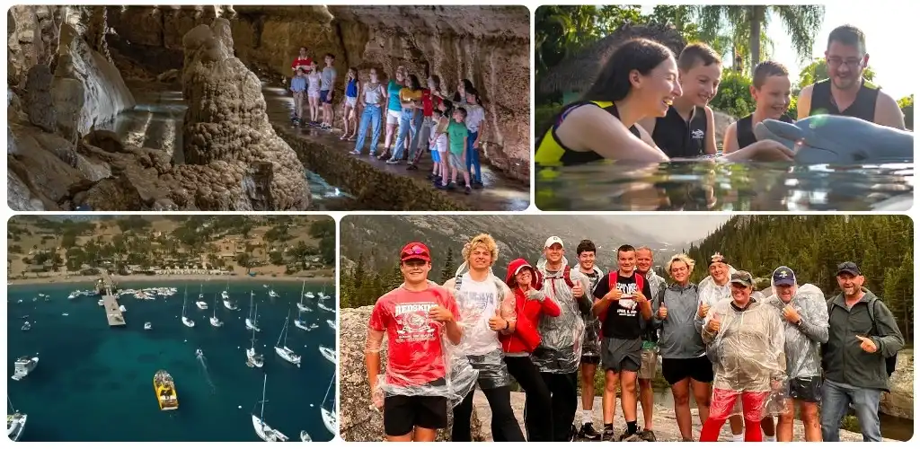 Group of people enjoying outdoor activities at a cave, lake, and mountainous area, some wearing rain gear and others smiling and relaxing together.