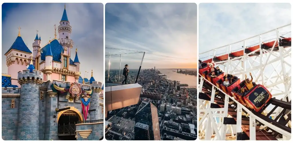 Three images showing a castle at Disneyland with blue roofs, a person on a rooftop viewing platform overlooking a city, and people riding a roller coaster at Belmont Park.