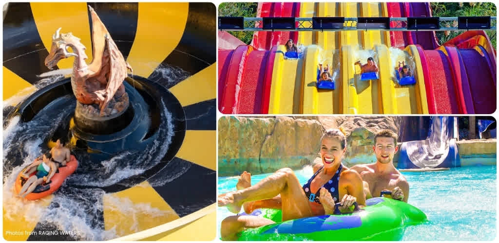 People enjoying a dragon boat ride with a dragon head sculpture, sliding water rides, and a lazy river at a water park.
