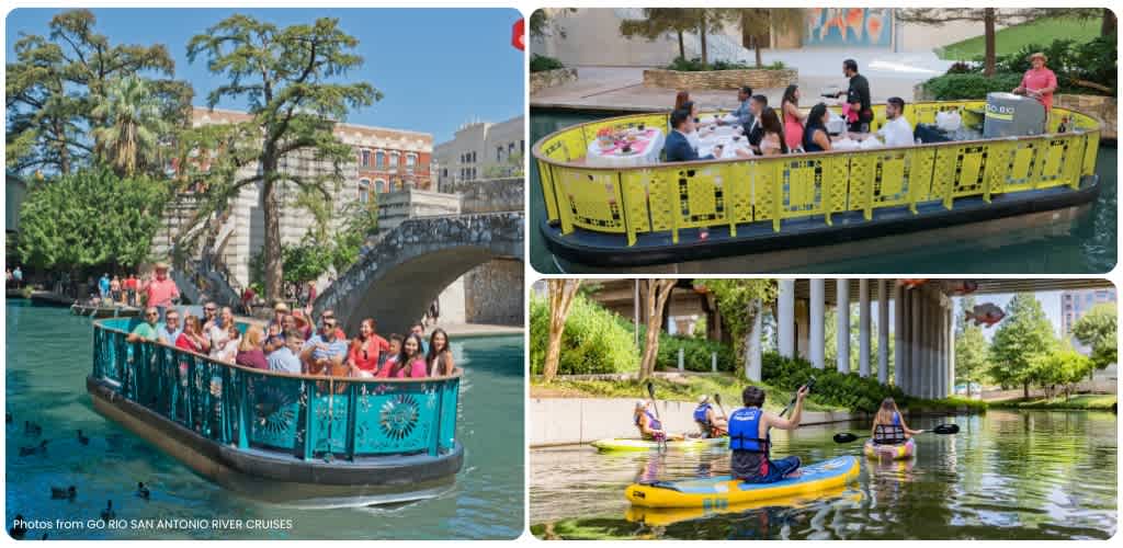 People enjoying a scenic boat ride on the river, with paddleboarding and kayaking in lush surroundings and clear weather.