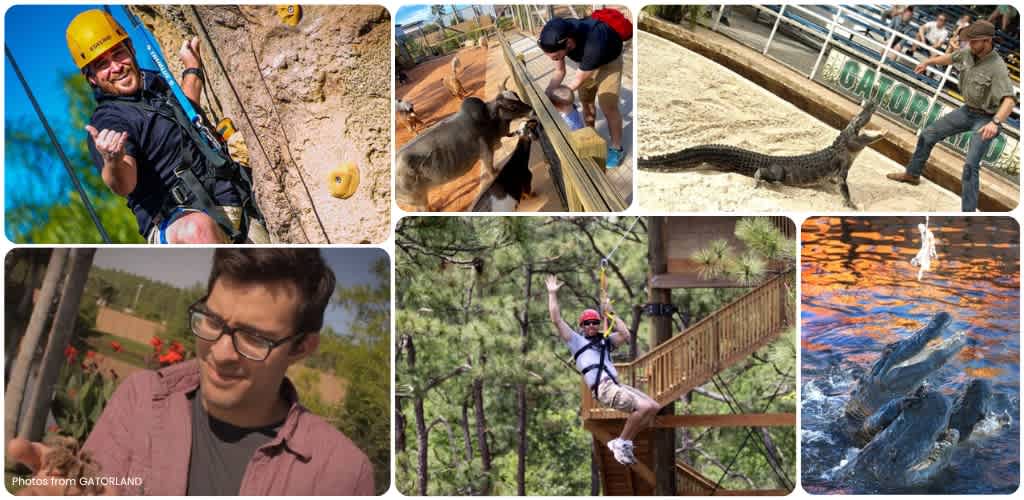 People enjoying outdoor activities at a wildlife park and adventure course, including zip lining, animal encounters, and water experiences in a natural setting