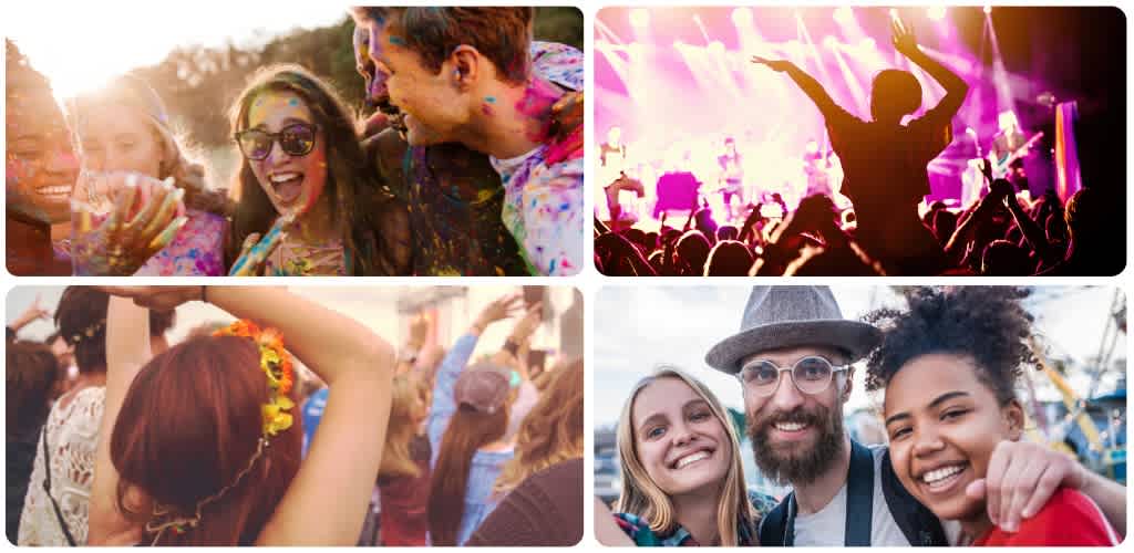 Group of diverse friends celebrating at a festival outdoors with colorful powder, music, dancing, and smiling faces.