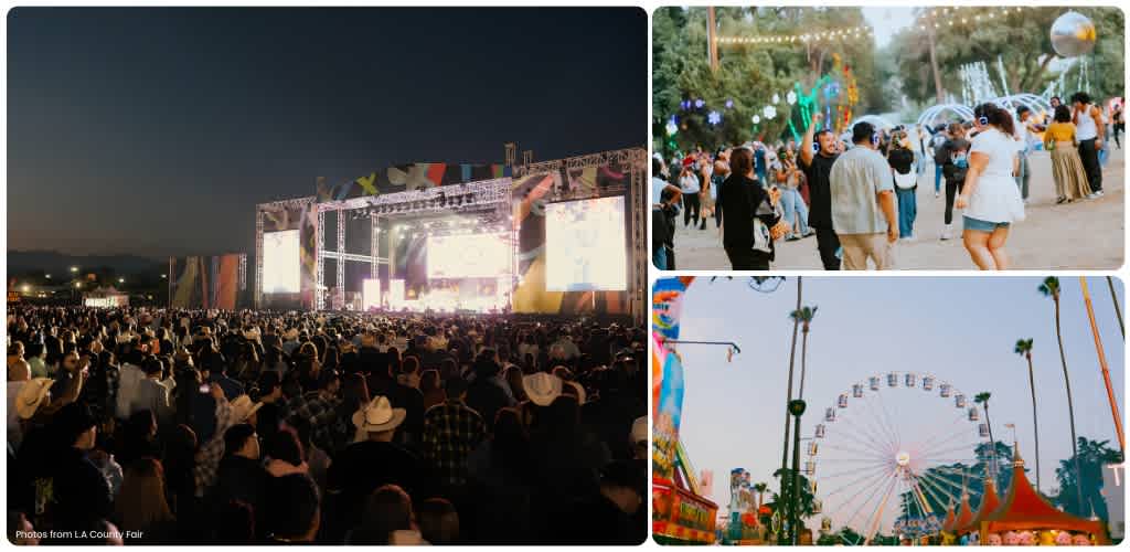 Three photos showing a live concert with a large audience, people enjoying a carnival with rides, and a group of visitors walking through a fun fair at night