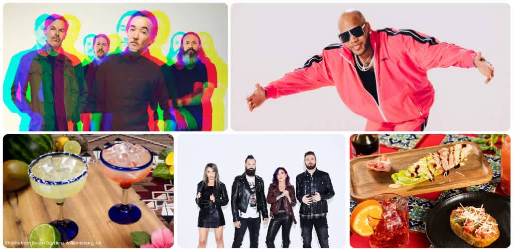 Group of diverse people with colorful effects, a man in pink jacket and sunglasses, and images of food and drinks on a table